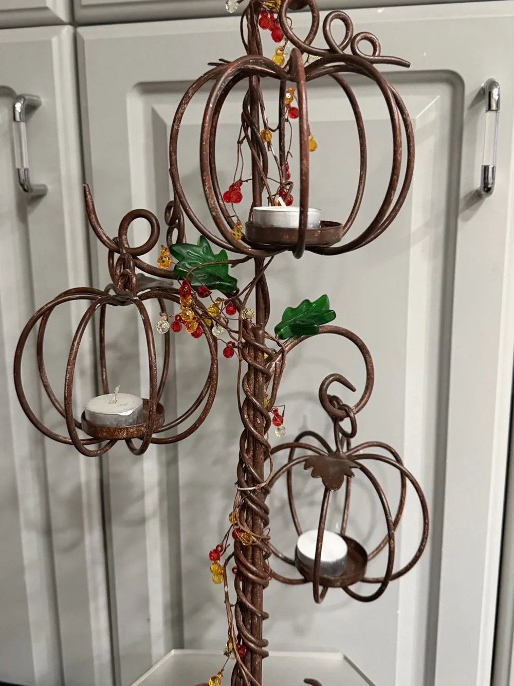 Pottery Barn Rustic Metal Bronze Brown Twig Branch 3 Pumpkins Tealight Holder